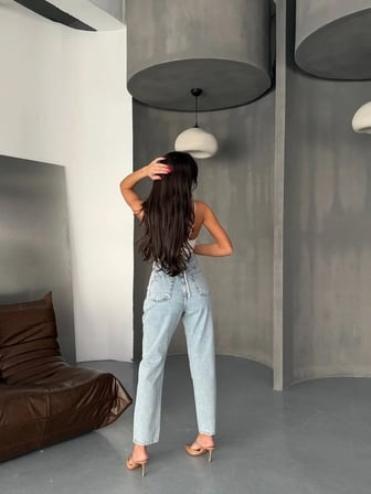 Kadın Fermuar Detaylı Yüksek Bel Mom Jean Pantolon