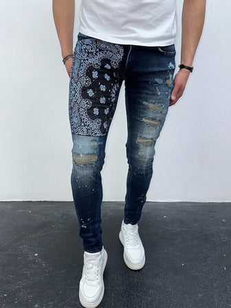 Erkek Slim Fit Bandana Desenli Yırtık Detaylı Likralı Denim Jean Pantolon Koyu Mavi