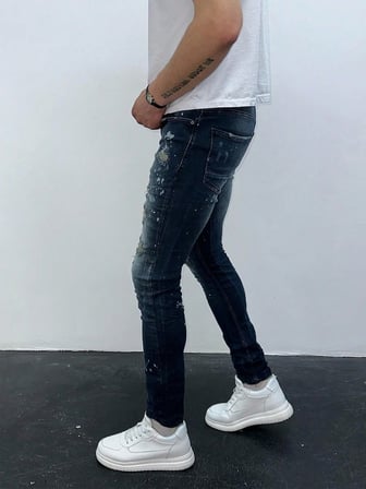 Erkek Slim Fit Bandana Desenli Yırtık Detaylı Likralı Denim Jean Pantolon Koyu Mavi
