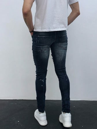 Erkek Slim Fit Bandana Desenli Yırtık Detaylı Likralı Denim Jean Pantolon Koyu Mavi