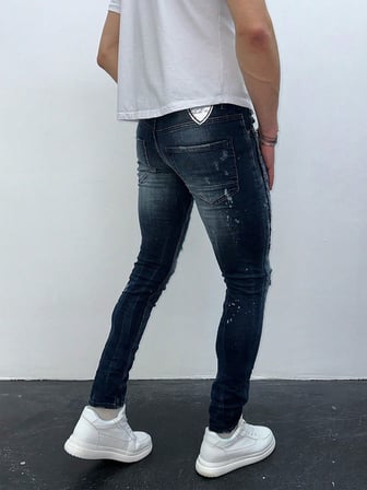 Erkek Slim Fit Bandana Desenli Yırtık Detaylı Likralı Denim Jean Pantolon Koyu Mavi