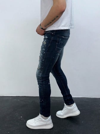 Erkek Slim Fit Bandana Desenli Yırtık Detaylı Likralı Denim Jean Pantolon Koyu Mavi