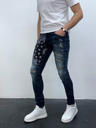 Erkek Slim Fit Bandana Desenli Yırtık Detaylı Likralı Denim Jean Pantolon Koyu Mavi