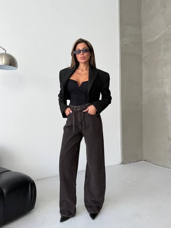 Kadın Bağcıklı Wide Leg Jean Pantolon