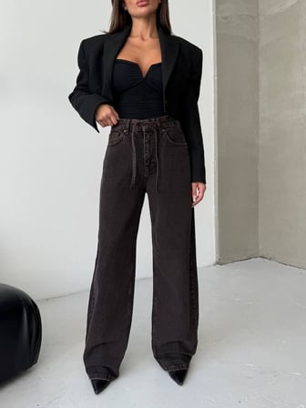 Kadın Bağcıklı Wide Leg Jean Pantolon