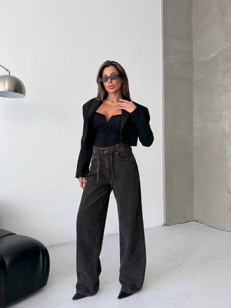 Kadın Bağcıklı Wide Leg Jean Pantolon