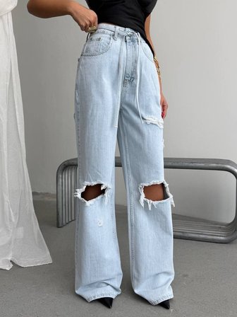 Kadın Yırtık Detaylı Wide Leg Jean - %100 Pamuk Bol Paça Jean Pantolon