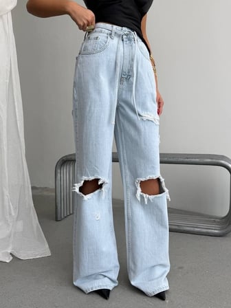 Kadın Yırtık Detaylı Wide Leg Jean - %100 Pamuk Bol Paça Jean Pantolon