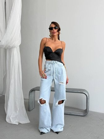 Kadın Yırtık Detaylı Wide Leg Jean - %100 Pamuk Bol Paça Jean Pantolon