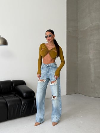 Kadın Yüksek Bel Yırtık Detaylı Geniş Paça Jean Pantolon
