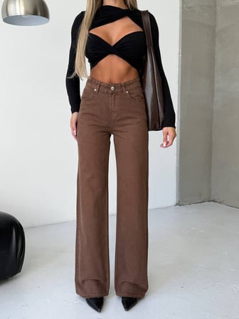 Kadın Yüksek Bel Geniş Paça Burgonya Denim Pantolon