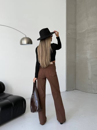 Kadın Yüksek Bel Geniş Paça Burgonya Denim Pantolon