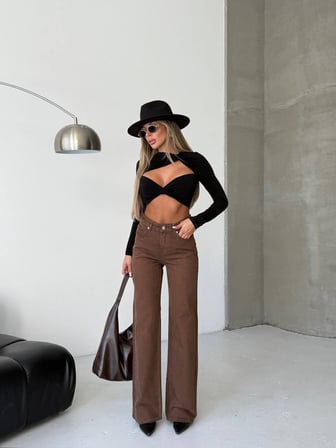 Kadın Yüksek Bel Geniş Paça Burgonya Denim Pantolon