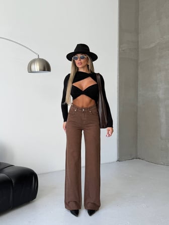 Kadın Yüksek Bel Geniş Paça Burgonya Denim Pantolon