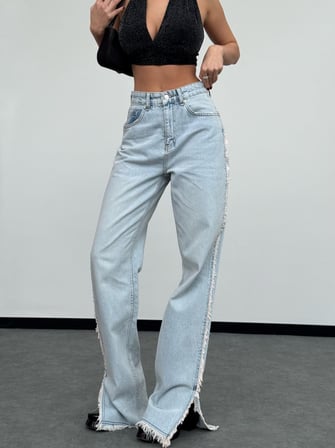 Yan Şerit Püsküllü Paçası Yırtmaçlı Geniş Paça Pamuklu Denim Pantolon