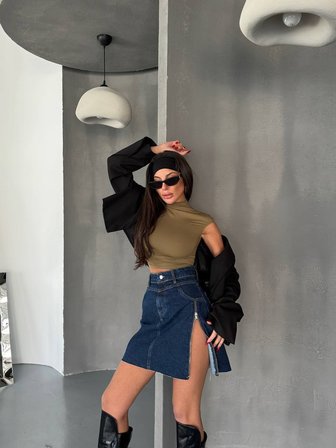 HerTon Kadın Fermuar Detaylı Denim Mini Etek - %100 Pamuk Yırtmaçlı Kot Etek