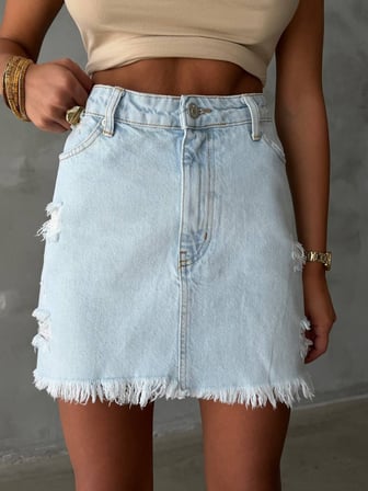 Kadın Cepleri Yıpratmalı Saçaklı Pamuklu Denim Etek