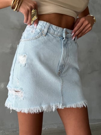 Kadın Cepleri Yıpratmalı Saçaklı Pamuklu Denim Etek