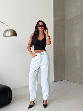 HerTon Kadın Açık Mavi %100 Pamuk Yüksek Bel Slouchy Jean Pantolon