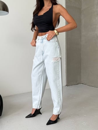 HerTon Kadın Açık Mavi %100 Pamuk Yüksek Bel Slouchy Jean Pantolon