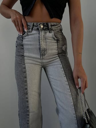 Retro Tasarım İki Renk Tonlu Yırtmaçlı Paça Pamuklu Kot Pantolon