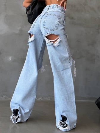 Kadın Yüksek Bel Ön Ve Arka Yırtık Detaylı Geniş Paça Kot Pantolon