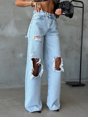 Kadın Yüksek Bel Ön Ve Arka Yırtık Detaylı Geniş Paça Kot Pantolon