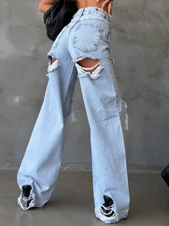 Kadın Yüksek Bel Ön Ve Arka Yırtık Detaylı Geniş Paça Kot Pantolon