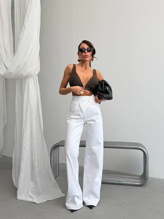 Kadın %98 Pamuk Yüksek Bel Asimetrik Bel Wide Leg Jean