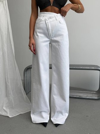 Kadın %98 Pamuk Yüksek Bel Asimetrik Bel Wide Leg Jean