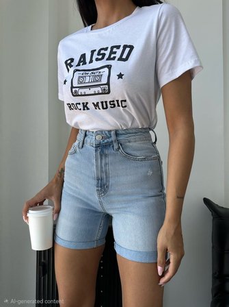 Yüksek Bel Kıvrık Paça Denim Bermuda Pamuklu Kot Şort