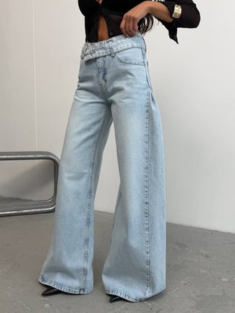 Kadın Asimetrik Çift Bel Detaylı Wide-Leg Geniş Paça Jean Pantolon