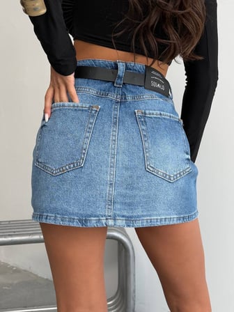 Kadın Yüksek Bel Yırtık Detaylı Denim Şortetek