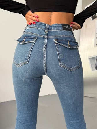 Kadın Yüksek Bel İspanyol Paça Lıkralı Jean Pantolon