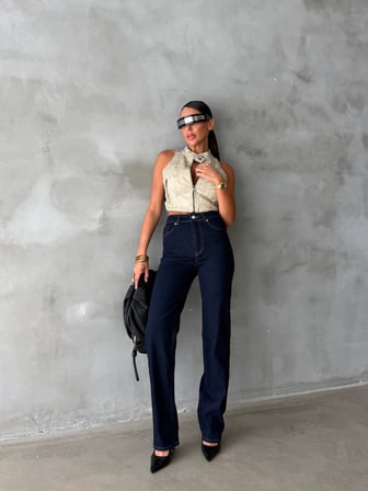 Kadın High Waist Relaxed Fit Düz Kesim Pamuklu Jean Pantolon