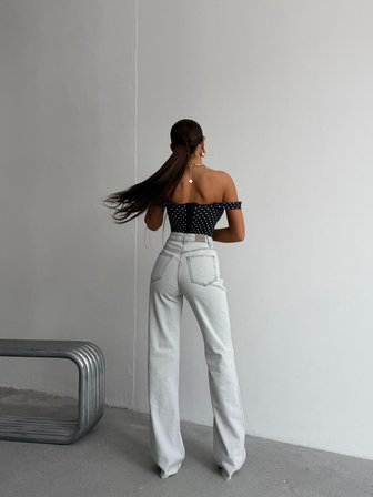 Kadın Asimetrik Çapraz Bel Detaylı Wide Leg Jean Pantolon