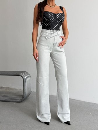 Kadın Asimetrik Çapraz Bel Detaylı Wide Leg Jean Pantolon