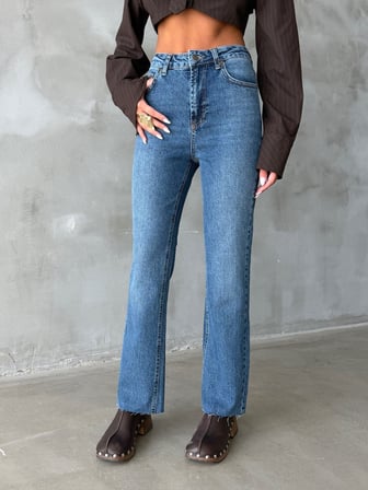 Kadın Yüksek Bel Püsküllü Paça Lıkralı Denim Pantolon