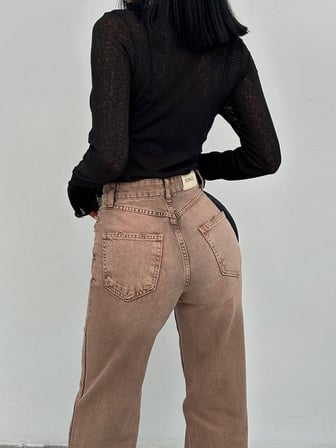 Kadın Yüksek Bel Geniş Paça Burgonya Denim Pantolon