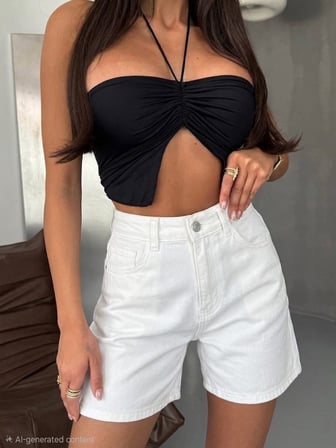 Yüksek Bel %100 Pamuklu Eskitme Detaylı Denim Şort - Premium Jean Shorts