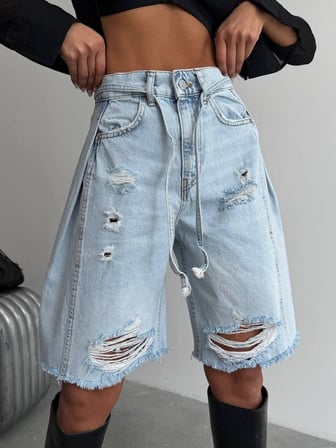 Kadın Yüksek Bel Duble Paça Pamuklu Denim Şort Kot Şort