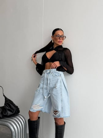 Kadın Yüksek Bel Duble Paça Pamuklu Denim Şort Kot Şort