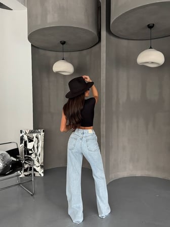 Kadın Yüksek Bel Wide Leg Geniş Paça Pamuklu Jean Pantolon
