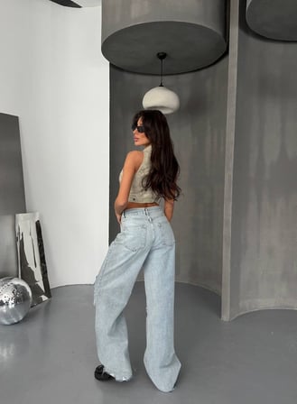 Kadın Pens Detaylı Yırtık Wide Leg Bol Paça Pamuklu Jean Pantolon