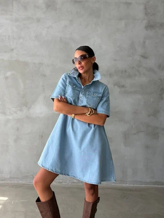 Kadın Göğüs Cepli Çıtçıtlı Denim Mini Elbise Pamuklu Salaş Kesim