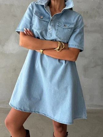 Kadın Göğüs Cepli Çıtçıtlı Denim Mini Elbise Pamuklu Salaş Kesim