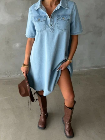 Kadın Göğüs Cepli Çıtçıtlı Denim Mini Elbise Pamuklu Salaş Kesim
