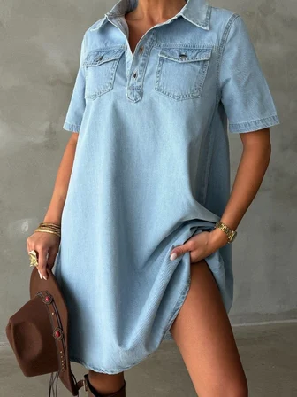 Kadın Göğüs Cepli Çıtçıtlı Denim Mini Elbise Pamuklu Salaş Kesim