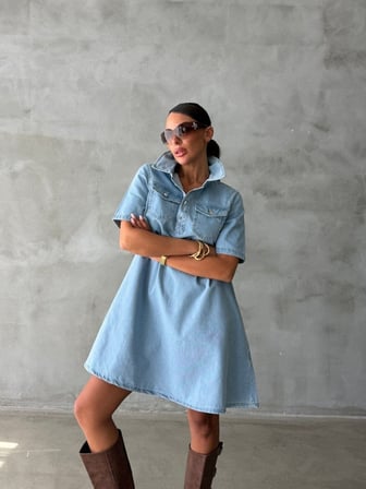 Kadın Göğüs Cepli Çıtçıtlı Denim Mini Elbise Pamuklu Salaş Kesim