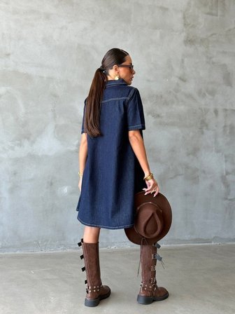 Kadın Göğüs Cepli Çıtçıtlı Denim Mini Elbise Pamuklu Salaş Kesim